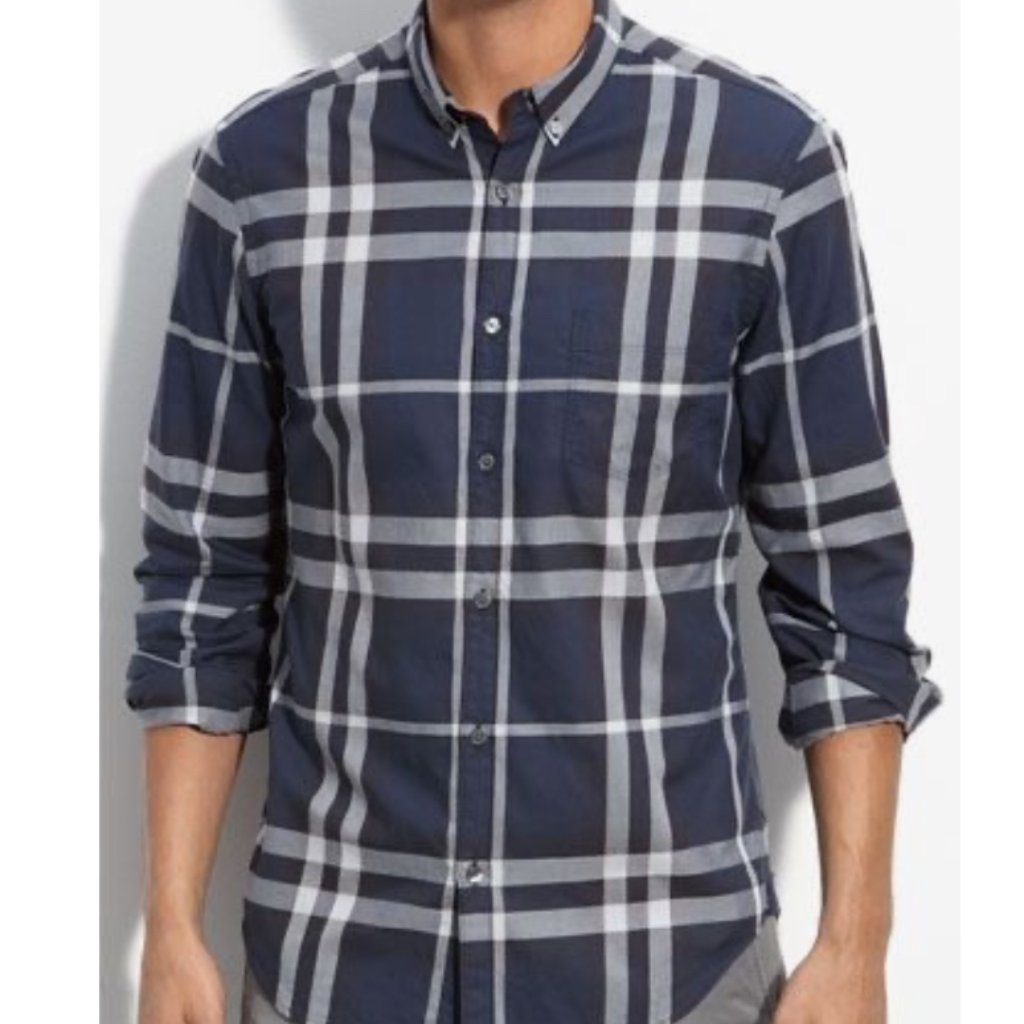 Burberry Brit Check Print Button Down Shirt In Ink Blue Size Xl